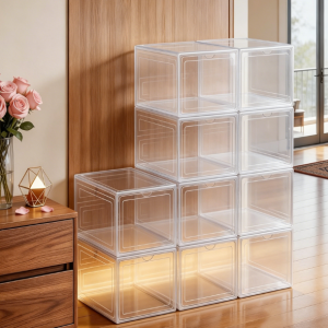Transparent Stackable Shoe Boxes with Drop-Front Doors
